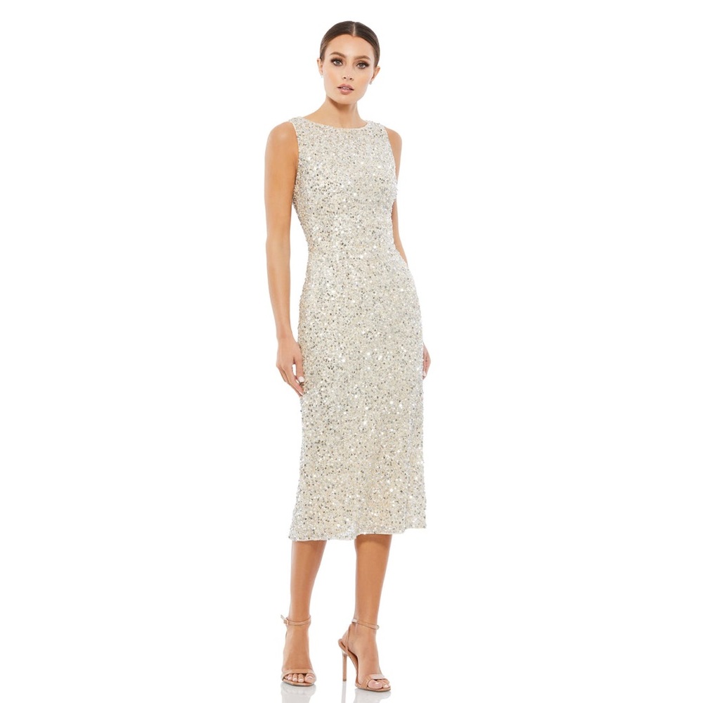 Mac Duggal Sleeveless Sequin Midi Sheath Dress sz 6 Nude/slv NWT
